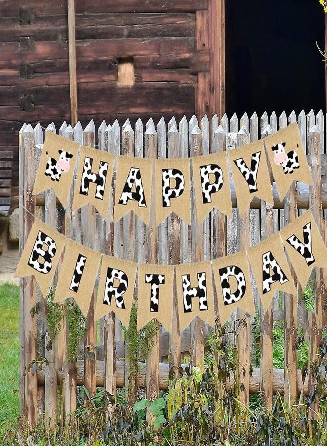 CROWNOS Cow Print Happy Birthday Banner, Burlap Pre-strung Cow Birthday Party Decorations Supplies - Image 4